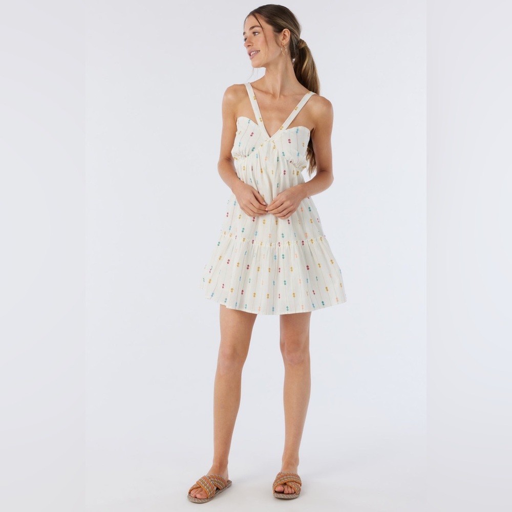 O'Neill Cream Mini Dress with Multicolor Dot Embroidery